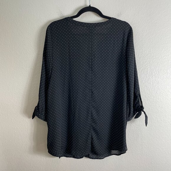 Catherines Womens Plus 0X 14/16W Black Polka Dot Button Up Blouse Tie Cuffs Top - Picture 7 of 7